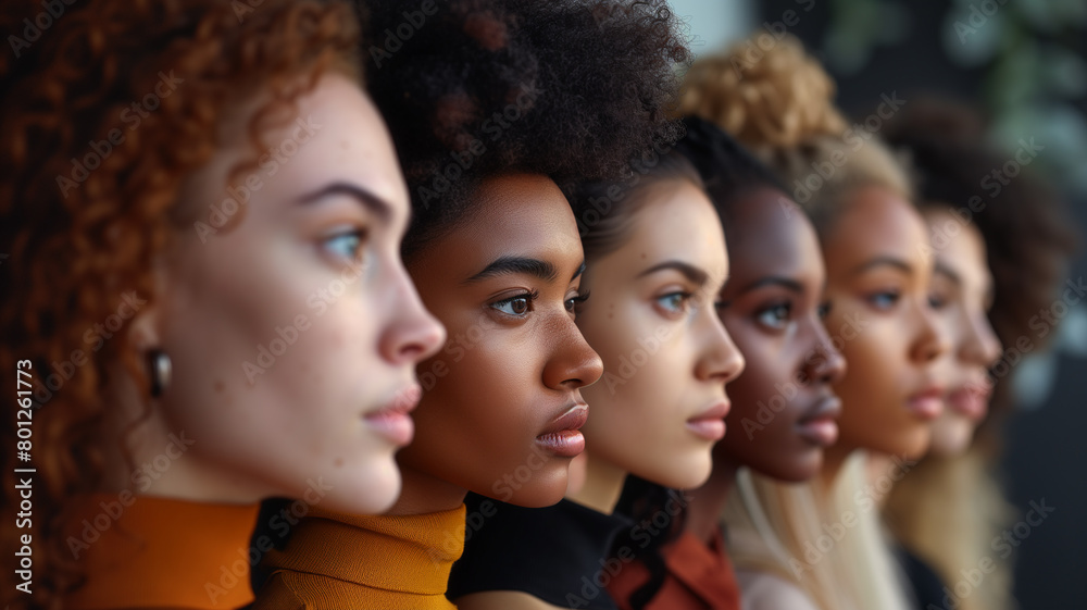 Obraz premium A group of women with different hair colors and styles stand side by side