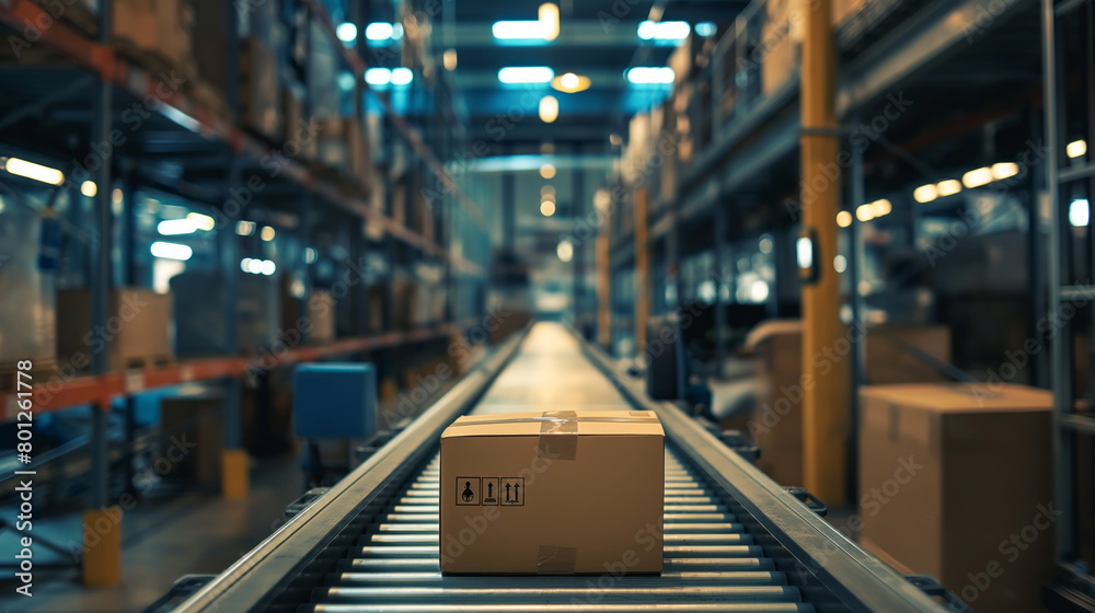 Solitary cardboard box travels on a conveyor belt through an industrial warehouse setting
