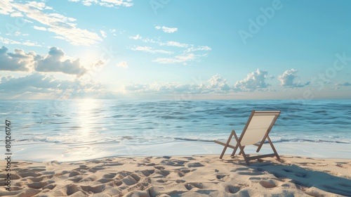 Solitary beach chair facing the serene blue ocean on a pebbly shore, inviting a moment of peace and relaxation © leymart