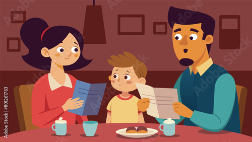 A family sitting at a restaurant looking concerned as they read over the prices on the menu.