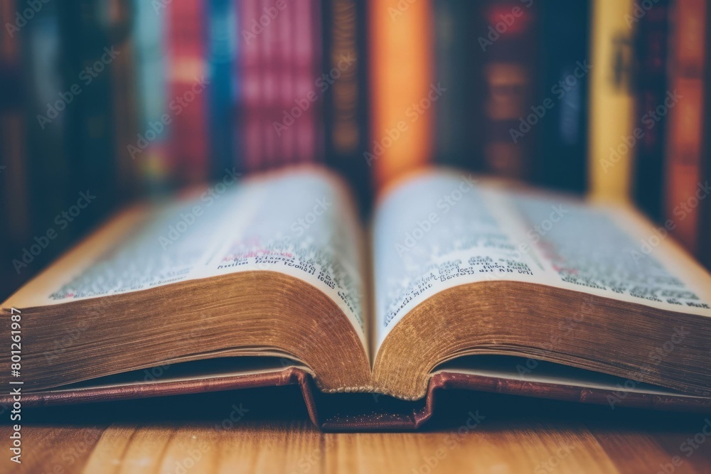 Fototapeta premium opened vintage book on a wooden table with blurred background