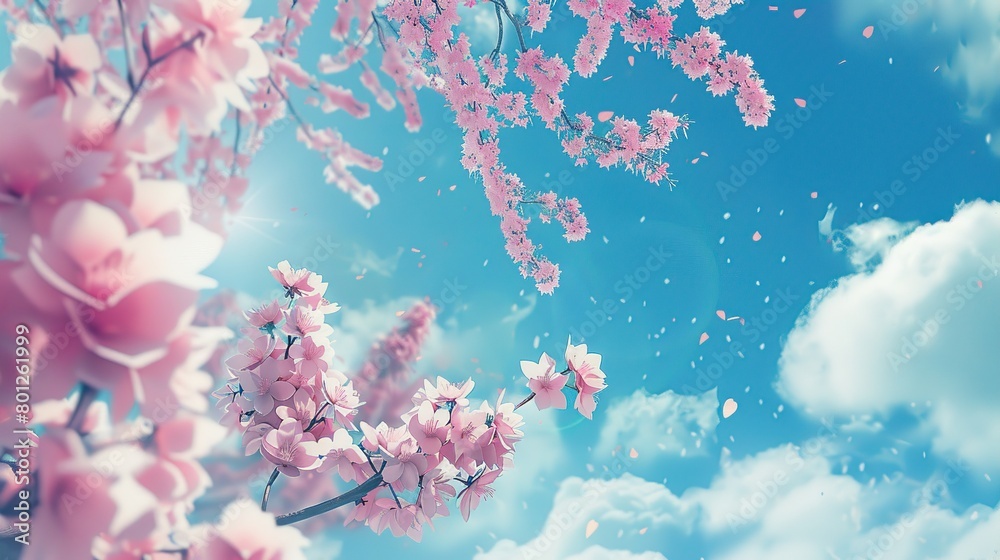 cherry blossoms against the backdrop of a blue sky. 