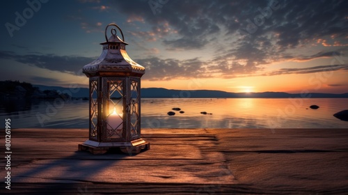 Lantern on a wooden deck at sunset on Lake Balaton, Hungary photo