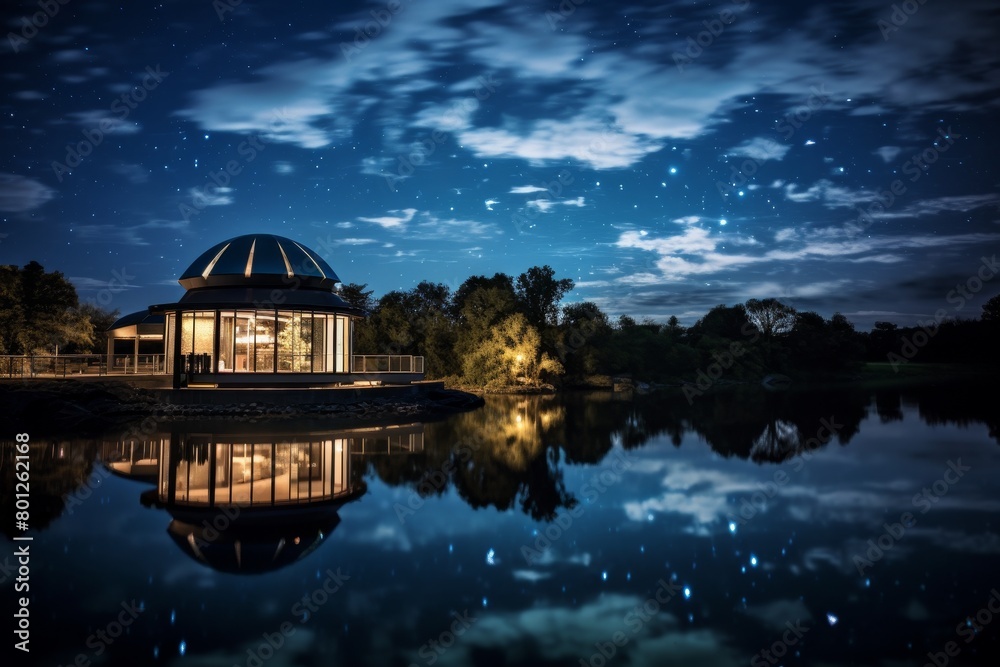 A Serene Evening at a Lakeside Observatory with a Glistening Lake Reflecting the Majestic Starry Sky Above