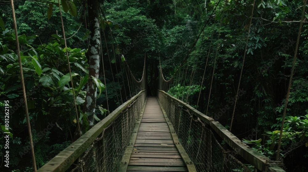 Fototapeta premium Wooden bridge across the forest with foliage around