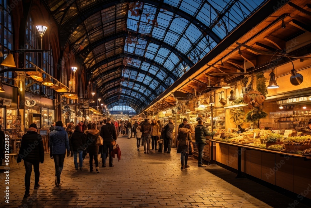 A Bustling City Market Hall at Dusk, Illuminated by Warm Lights, with Stalls Overflowing with Fresh Produce and Handmade Crafts