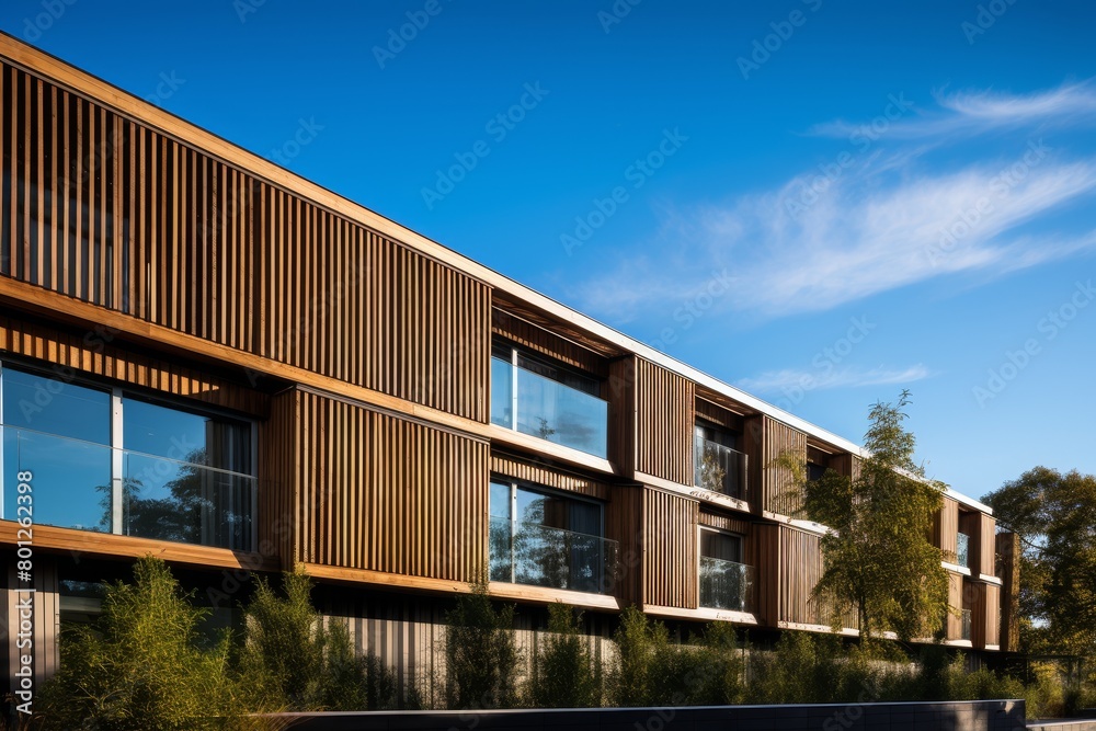 A Modern Boutique Hotel with Horizontal Slatted Timber Facade Nestled in a Lush Green Landscape Under a Clear Blue Sky