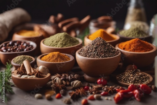 'composition fferent spices herbs spice herb condiment ingredient dry colourful scoop cinnamon nutmeg star anise chili pepper dill mint flax paprika fenugreek' photo