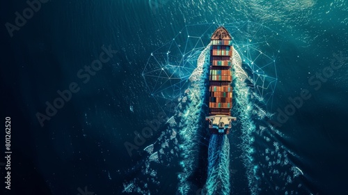 Futuristic depiction of a cargo ship enhanced with digital connectivity at sea, illustrating modern maritime technology