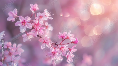 The image is a close up of a branch of pink cherry blossoms. The background is blurred and light pink. © Awais