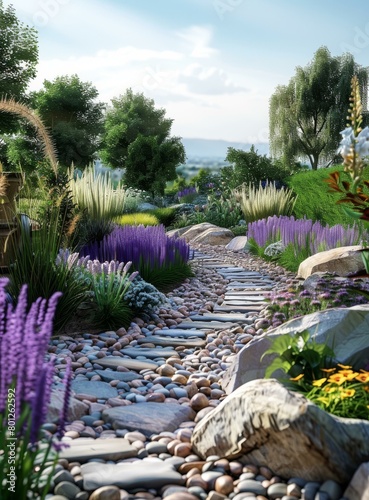 A winding stone path through a lush garden