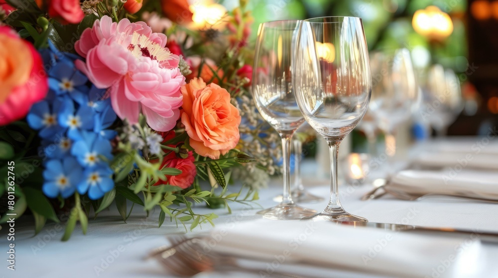 Elegant wedding table decoration with flowers and wine glasses Elegant wedding table decoration with flowers and wine glasses