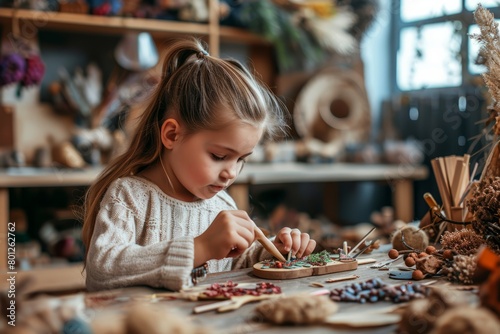 Close up portrait of a girl making crafts in a workshop  concept of children s leisure and hobby
