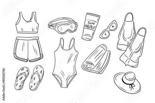 Contour doodle set of active female beach rest. Items for diving and swimming . Monochrome outline stickers. Vector illustration isolated on white background