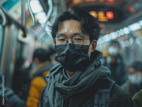 Portrait of a young Asian man wearing a mask on a subway train