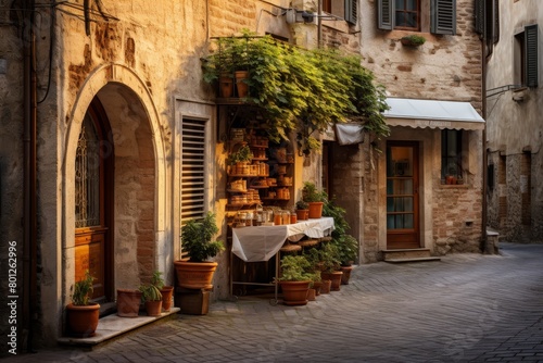 A Quaint Fresh Pasta Shop in a Cobblestone Alley, Radiating Authentic Italian Vibes with Its Rustic Architecture and Warm Lighting © aicandy