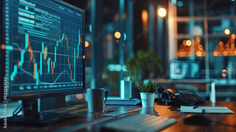 A dynamic office scene where professionals analyze solar investment portfolios, with charts depicting growth and sustainability A dynamic office scene where professionals analyze solar investment portfolios, with charts depicting growth and sustainability