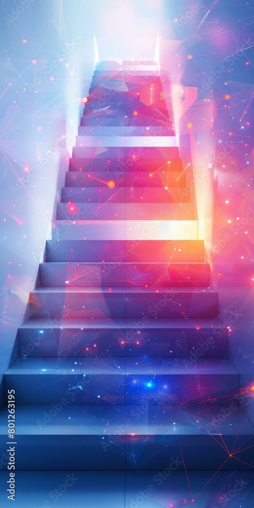 Blue and purple stairs going up with a bright light at the top Stock ...