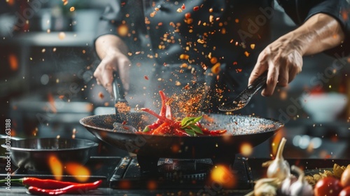 A chef cooking Thai cuisine in a modern kitchen, sprinkling ground chili and pepper into a sizzling wok, evoking aromatic sensations.