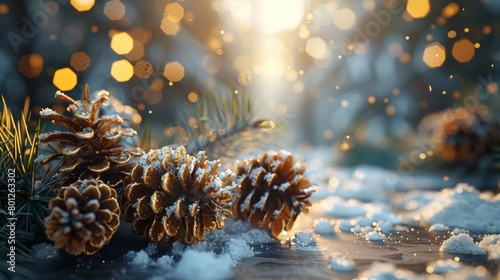 Enchanting winter scene with festive decorations and glowing lights amid falling snowflakes photo