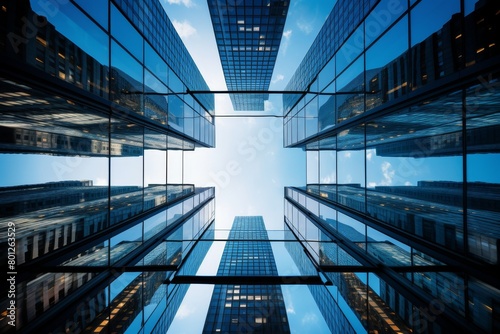 A Modern Architectural Marvel  Grid-Patterned Glass Tower Reflecting the Vibrant Cityscape Underneath a Pristine Blue Sky