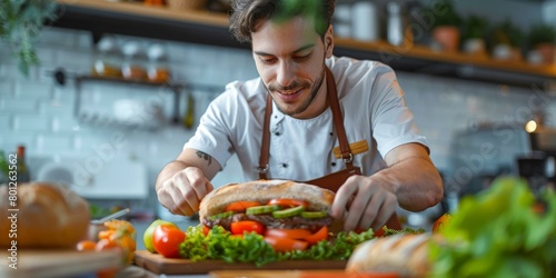Delighted chef making a sandwich in a commercial kitchen