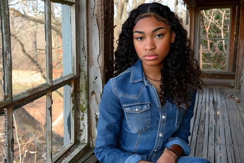 African American teen with fair skin and long curly hair Wear a long-sleeved jean jacket. Sitting on the balcony of a house with glass overlooking the outside. left side of picture. Generative Ai photo