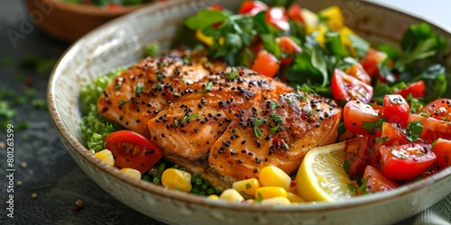 Delicious and healthy salmon fillet with fresh vegetables photo