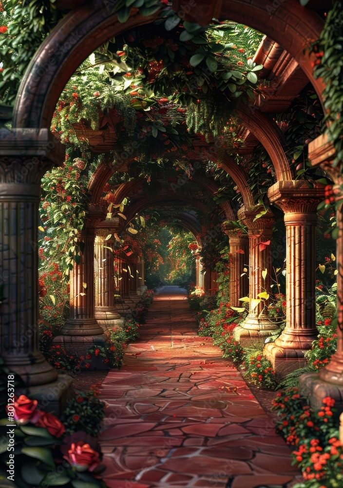 fantasy garden path with stone archway and flowers fantasy garden path with stone archway and flowers