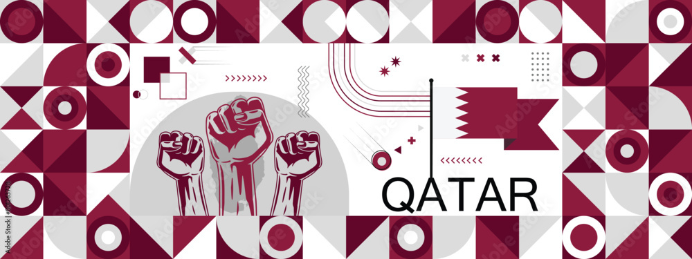 Flag and map of Qatar with raised fists. National day or Independence day design for Counrty celebration. Modern retro design with abstract icons. Vector illustration.