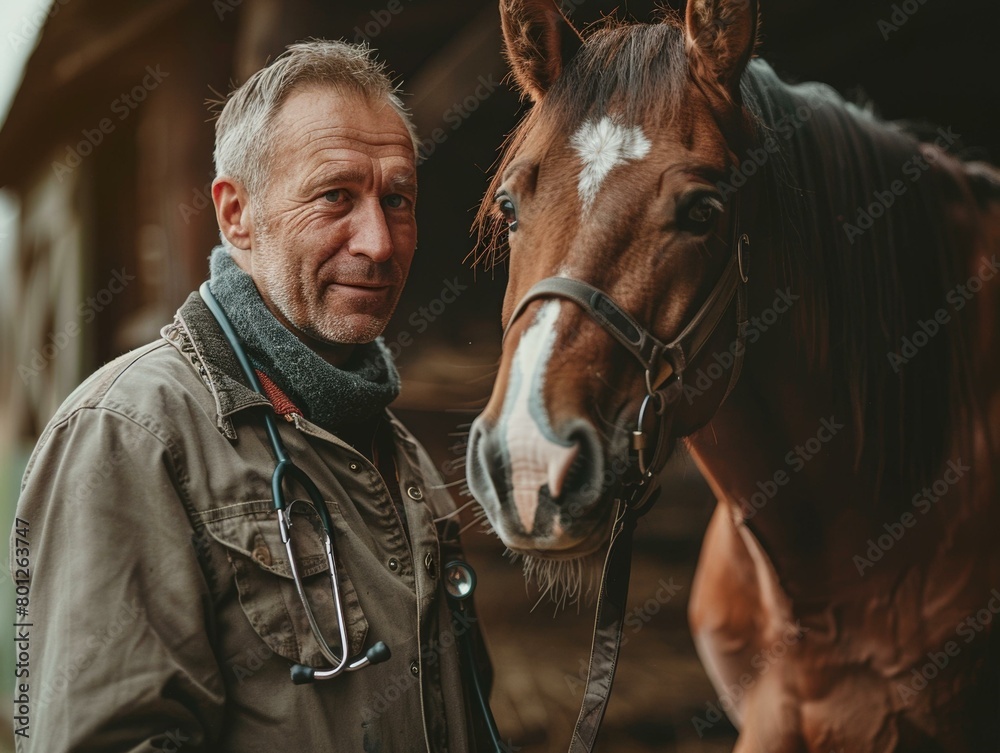 Fototapeta premium A veterinarian is examining a horse in a barn