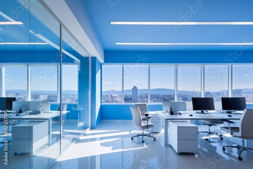 A Modern Minimalist Office Space with Sky Blue Walls, Sleek White Furniture, and Large Windows Offering a Panoramic City View © aicandy
