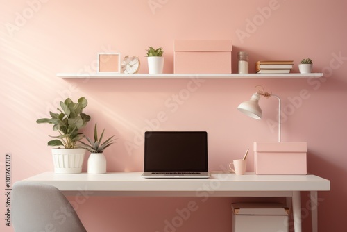 A Tranquil Office Space with Blush Pink Walls, Minimalist White Furniture, and Lush Indoor Plants Creating a Serene Work Environment © aicandy