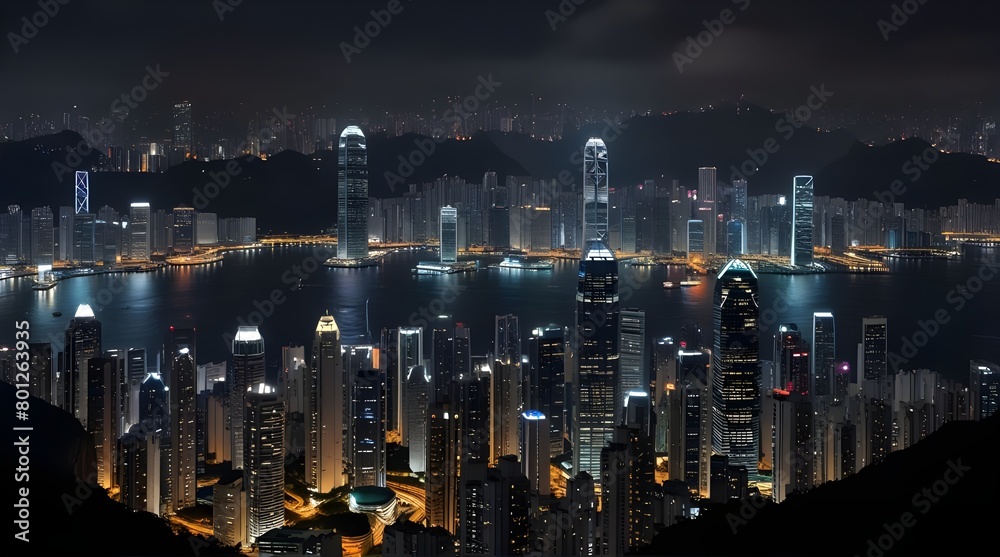 Obraz premium Panoramic view of Victoria Harbor and Hong Kong skyline.generative.ai