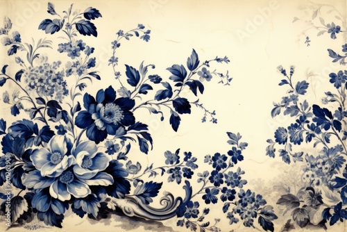 A blue and white floral pattern with large flowers and small flowers.
