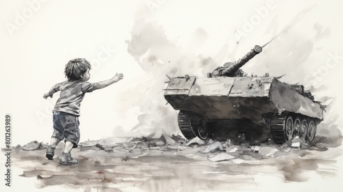 A young boy reaching for the blazing tank in a dramatic watercolor painting