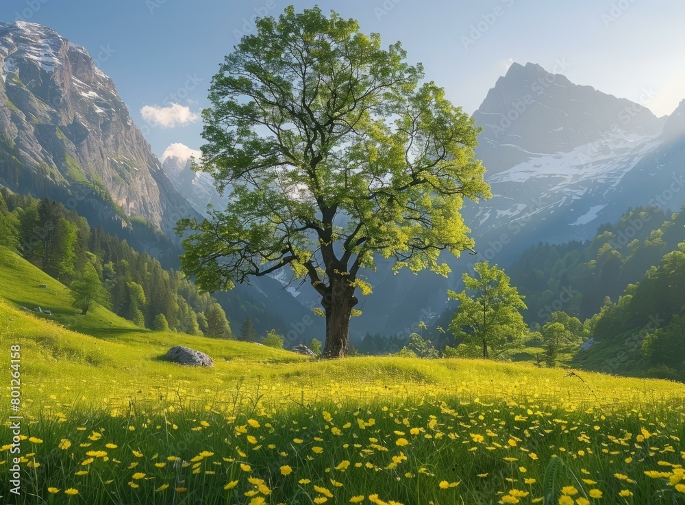 Fototapeta premium Tree in a green field with mountains in the background