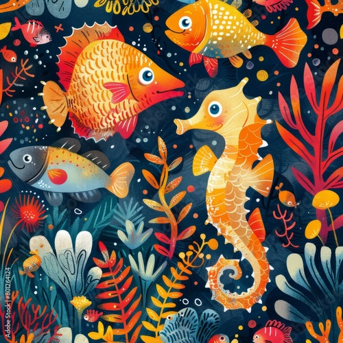 Underwater illustration of a school of fish and a seahorse swimming through a coral reef