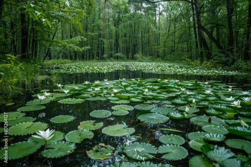 A pond surrounded by a lush green forest with white water lilies in bloom