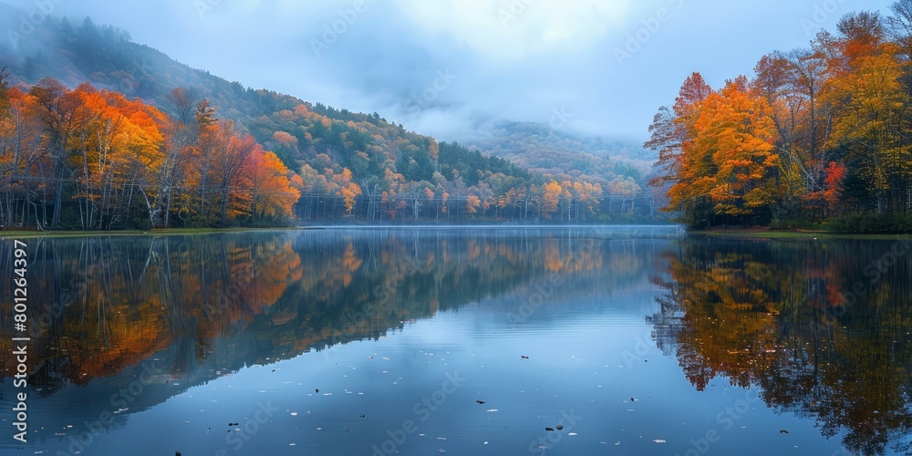 Fototapeta premium A beautiful autumn landscape with a lake reflecting the colorful trees