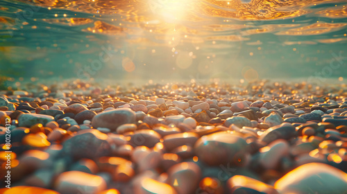 underwater view of pebbles and water, blurred background with sun reflections, warm colors, ultra realistic photography in the style of unknown artist photo