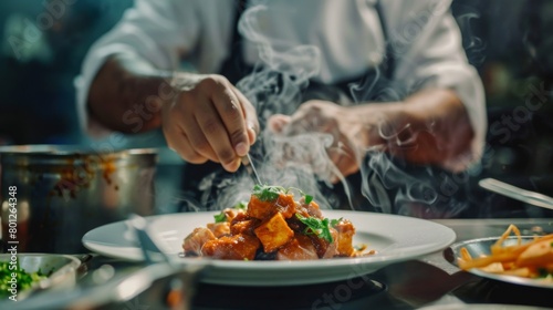 A chef plating up a gourmet paneer curry with intricate garnishes, presenting the dish as a culinary masterpiece worthy of a fine dining experience.