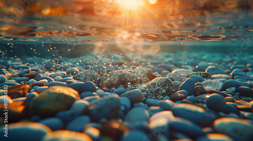 underwater view of pebbles and water, blurred background with sun reflections, warm colors, ultra realistic photography in the style of unknown artist