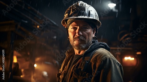 Portrait of a male construction worker wearing a hard hat and looking at the camera with a serious expression