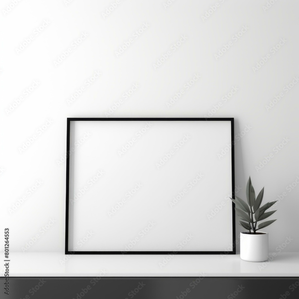 Black picture frame mockup with potted plant on white table against a white wall background. 3d rendering Black picture frame mockup with potted plant on white table against a white wall background. 3d rendering