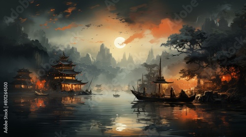 An oriental village with boats on a river and a mountain landscape in the background photo