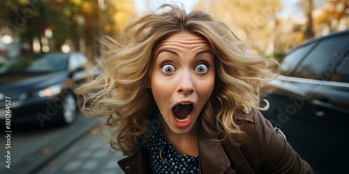 A blonde woman with her mouth open in shock photo