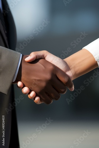 Business handshake between a black man and a white woman