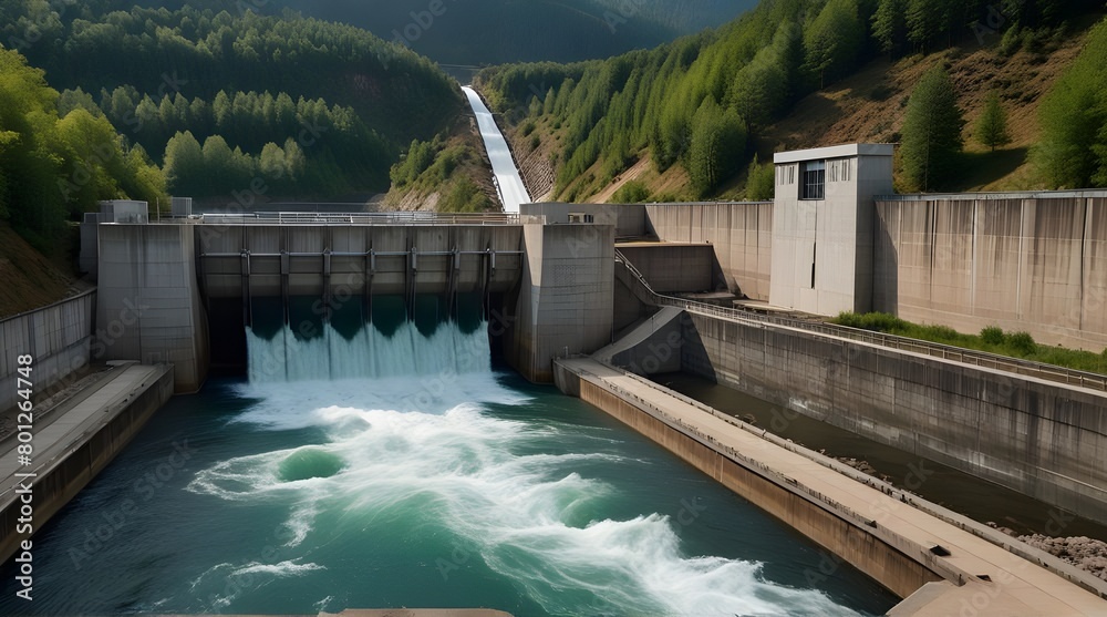Hydropower plant with turbines and water spills for generating green electricity.generative.ai