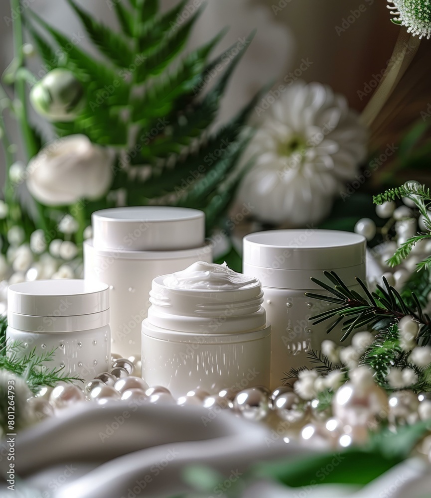 Close-up of cosmetic cream containers with green leaves and white flowers Close-up of cosmetic cream containers with green leaves and white flowers